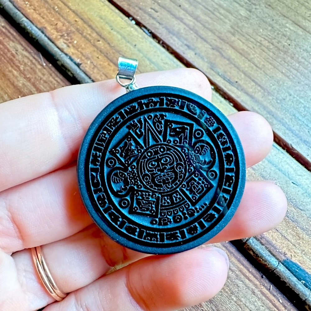 Black Nephrite Jade Aztec Calendar Pendant